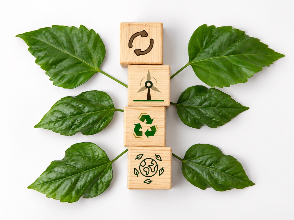 Green leaves around wooden sustainability symbols