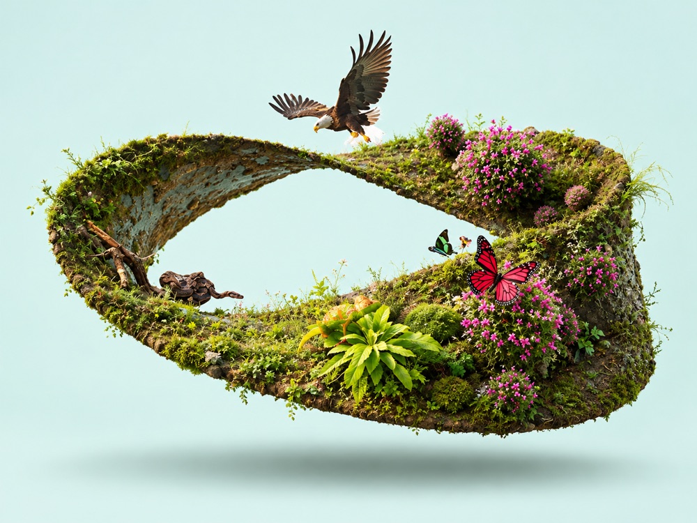 A thriving miniature ecosystem with plants and wildlife