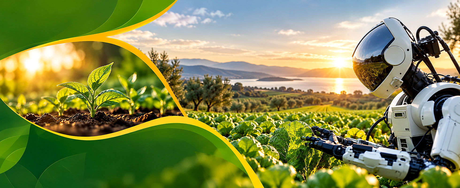 Robot agrícola trabajando en un campo al atardecer