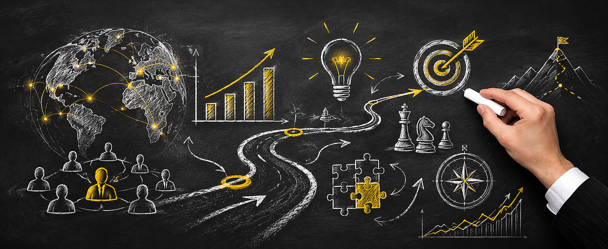 Estrategia empresarial y conexiones globales ilustradas en una pizarra