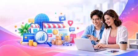 Customers shopping online using a laptop